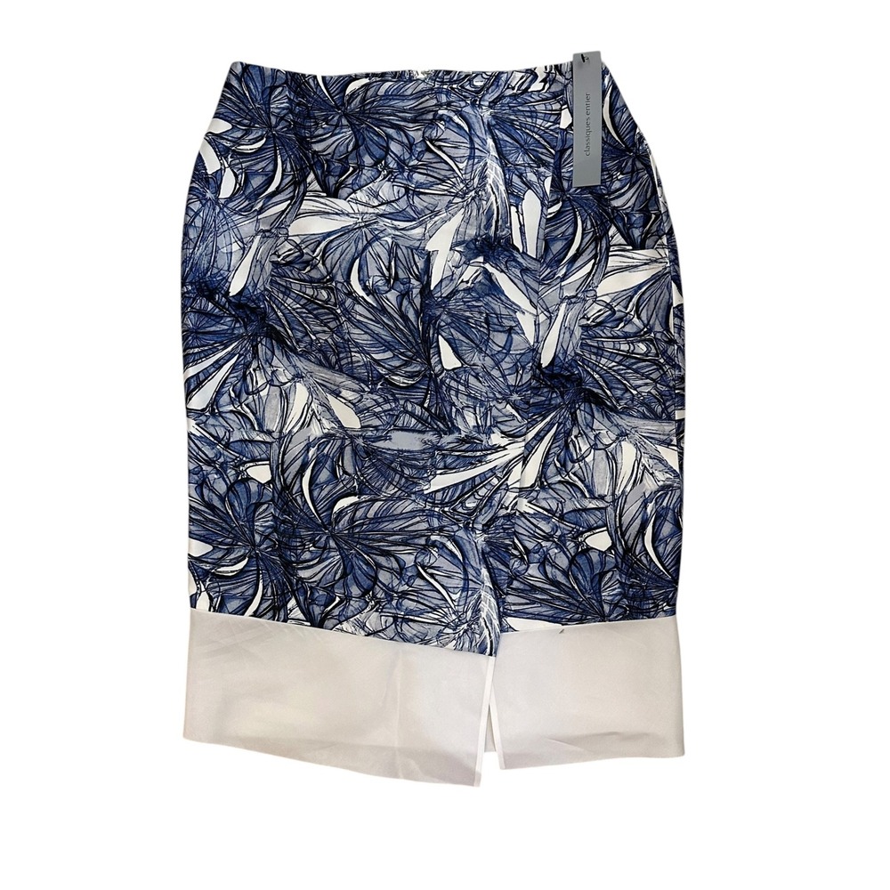 Classiques Entier Tropical Blue w/White Trim 100% Silk Pencil Skirt sz 10 NEW